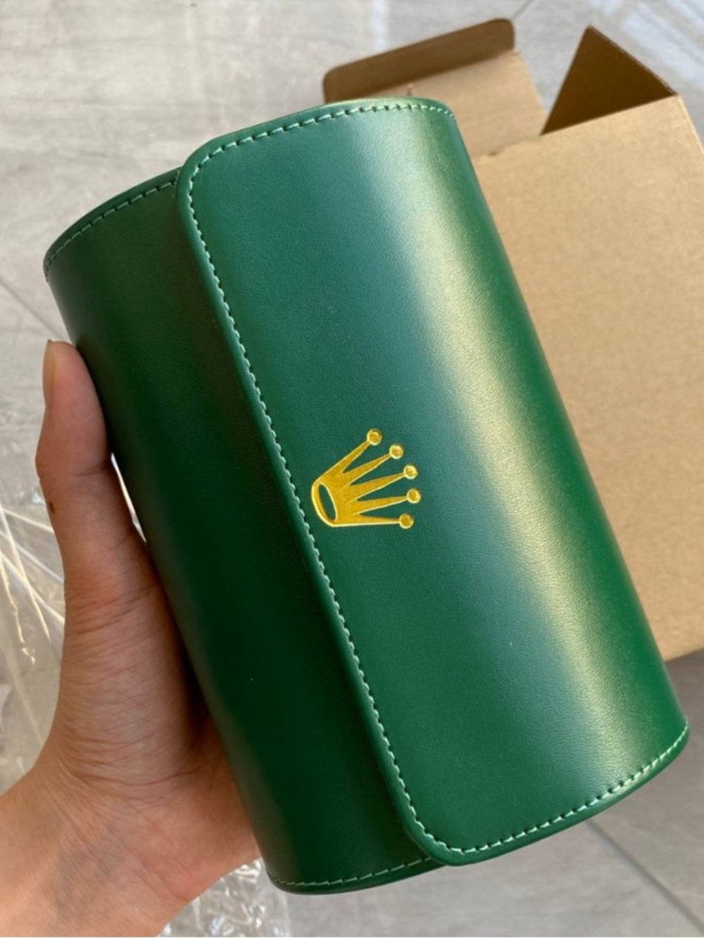 Green Leather Travel Watch Case with Gold Crown Accent for 2 watches